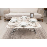 Mini Juppo İçe K Akıllı Sehpa Üst Tabla Mdf Beyaz Mermer Oval Köşe Alt Krom Kaplama