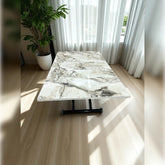 Ortadan Açılır Akıllı Masa Üst Mdf Beyaz Mermer Alt Ayak Siyah Renk