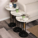 Marbella Zigon Sehpa Mdf Tabla Beyaz Mermer Desen Alt Mekanizma Demir Siyah Renk