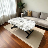 Oval Yan Baştan Açılır Akıllı Masa Üst Mdf Beyaz Mermer Desen Alt Ayak Siyah Renk