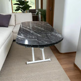 Oval Yan Baştan Açılır Akıllı Masa Üst Mdf Siyah Mermer Desen Alt Ayak Beyaz Renk