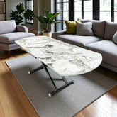 Oval Yan Baştan Açılır Akıllı Masa Üst Mdf Beyaz Mermer Desen Alt Ayak Krom Kaplama