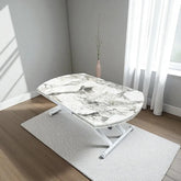 Oval Yan Baştan Açılır Akıllı Masa Üst Mdf Beyaz Mermer Desen Alt Ayak Beyaz Renk