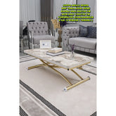 Juppo Üst Tabla Mdf Beyaz Mermer Oval Köşe Alt Ayak Yuvarlak Gold Kaplama Dışa Kıvrım