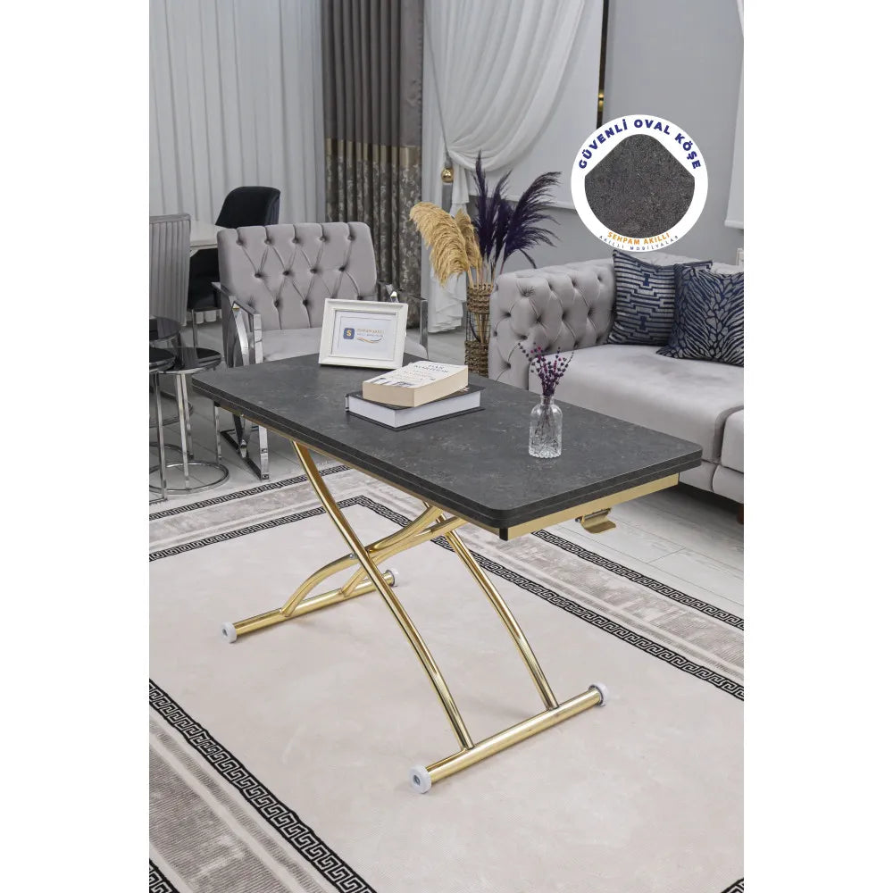 Juppo Üst Tabla Mdf Frezeli Antrasit Oval Köşe Alt Ayak Yuvarlak Gold Kaplama Dışa Kıvrım