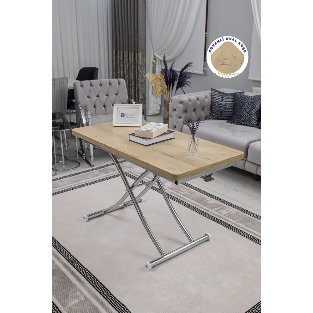 Juppo Üst Tabla Mdf Veli Meşe Oval Köşe Alt Ayak Yuvarlak Krom Kaplama İçe Kıvrım