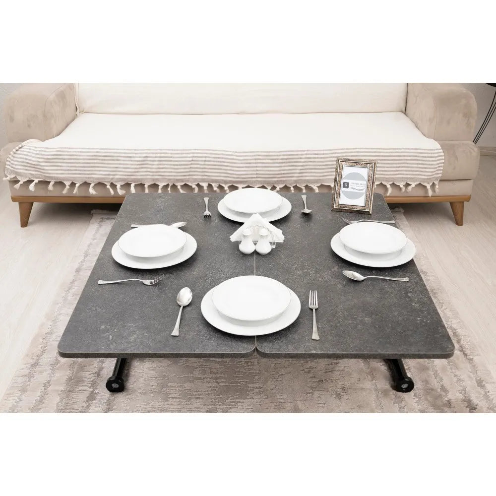 Mini Juppo Dışa K Akıllı Sehpa Üst Tabla Mdf Frezeli Antrasit Oval Köşe Alt Siyah Renk