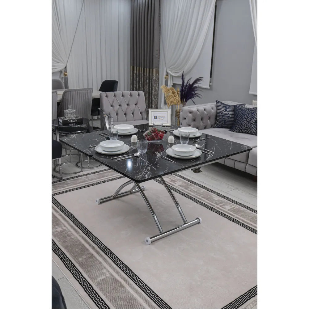 Juppo Üst Tabla Mdf Siyah Mermer Oval Köşe Alt Ayak Yuvarlak Krom Kaplama Dışa Kıvrım