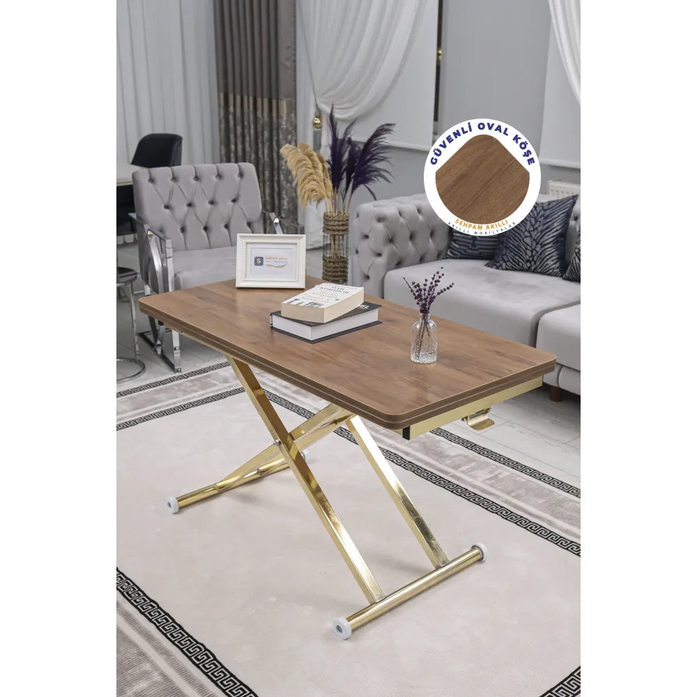 Home Üst Tabla Mdf Ceviz Oval Köşe Alt Ayak Gold Kaplama
