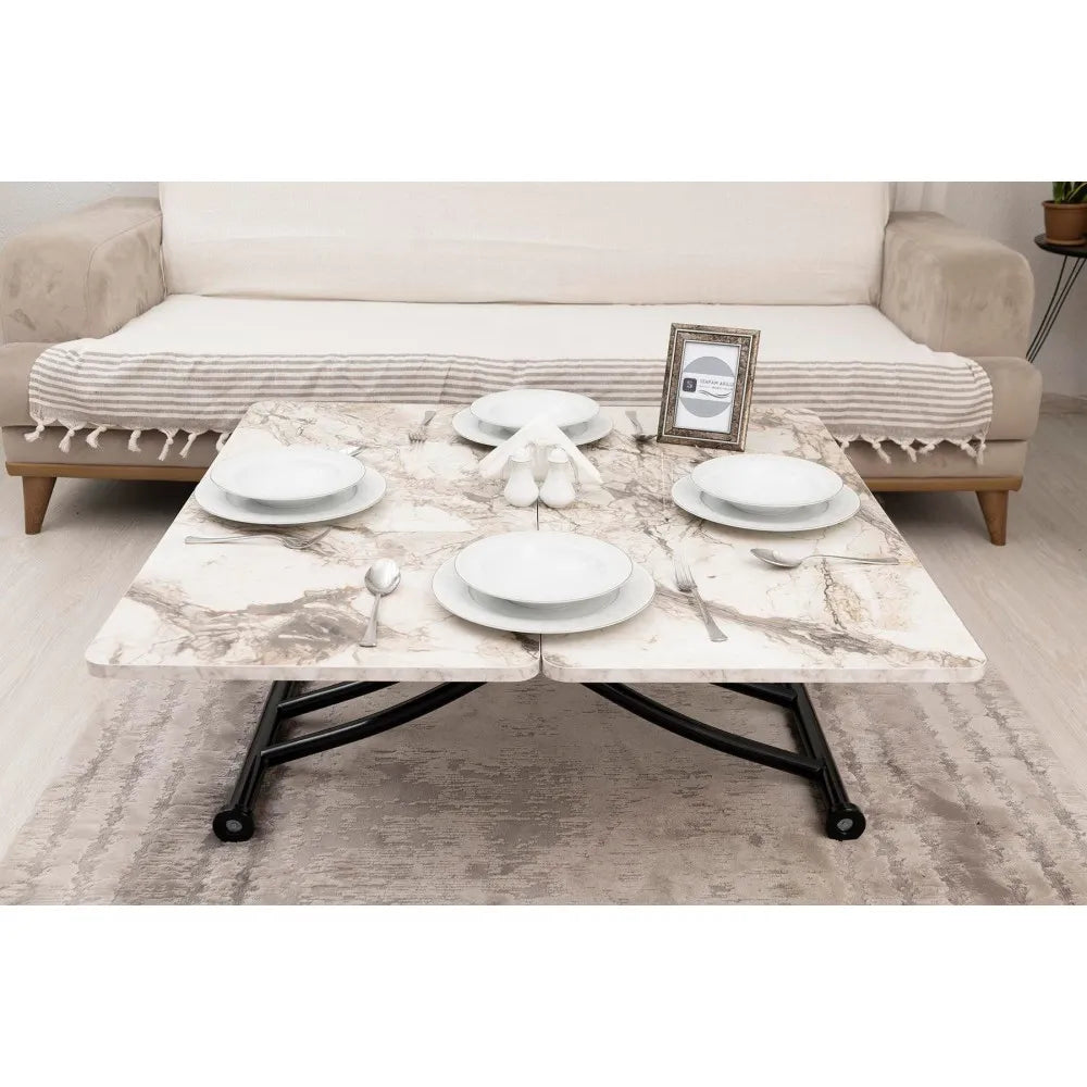 Mini Juppo İçe K Akıllı Sehpa Üst Tabla Mdf Beyaz Mermer Oval Köşe Alt Siyah Renk