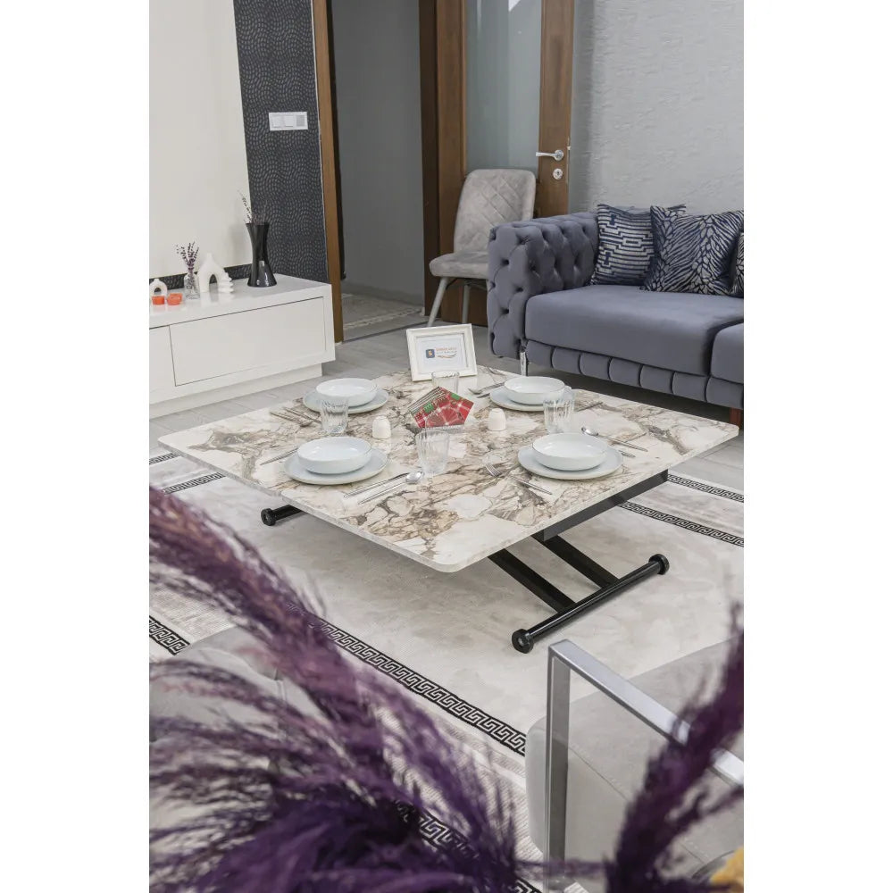 Home Üst Tabla Mdf Beyaz Mermer Oval Köşe Alt Ayak Siyah Renk