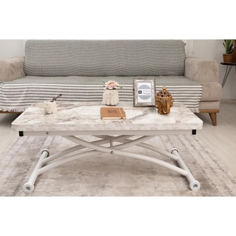 Mini Juppo Dışa K Akıllı Sehpa Üst Tabla Mdf Beyaz Mermer Oval Köşe Alt Beyaz Renk