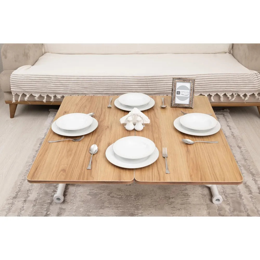 Mini Juppo Dışa K Akıllı Sehpa Üst Tabla Mdf Katanya Oval Köşe Alt Beyaz Renk