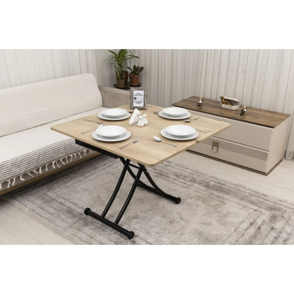 Mini Juppo İçe K Akıllı Sehpa Üst Tabla Mdf VeliMeşe Oval Köşe Alt Ayak Siyah Renk