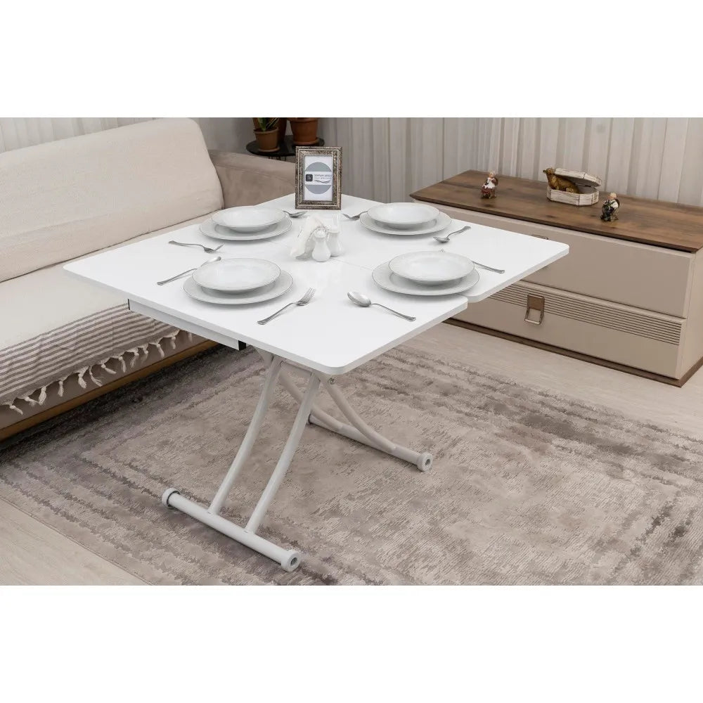 Mini Juppo İçe K Akıllı Sehpa Üst Tabla Mdf Beyaz Oval Köşe Alt Beyaz Renk