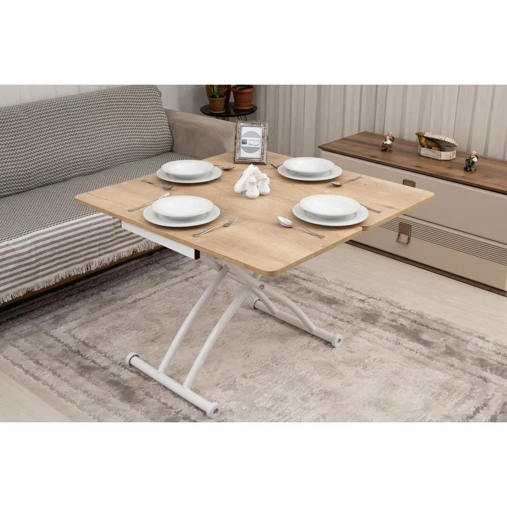 Mini Juppo Dışa K Akıllı Sehpa Üst Tabla Mdf VeliMeşe Oval Köşe Alt Ayak Beyaz Renk