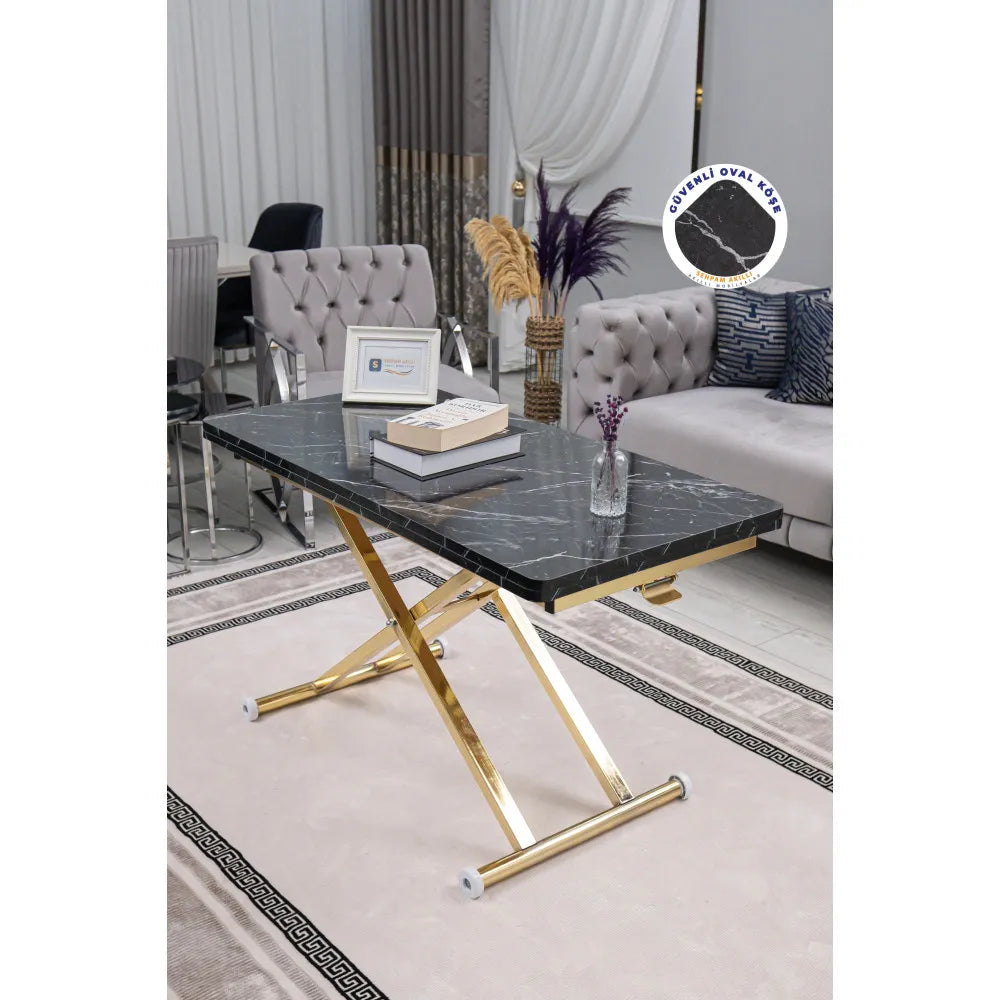 Home Üst Tabla Mdf Siyah Mermer Oval Köşe Alt Ayak Gold Kaplama