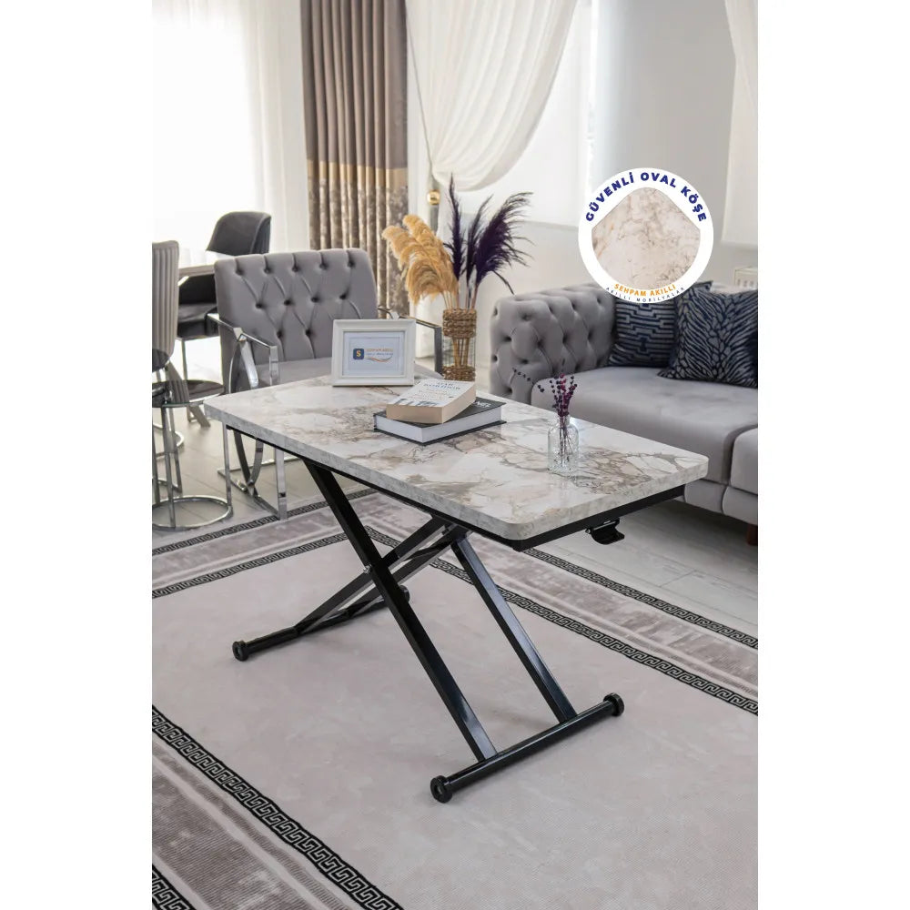 Home Üst Tabla Mdf Beyaz Mermer Oval Köşe Alt Ayak Siyah Renk