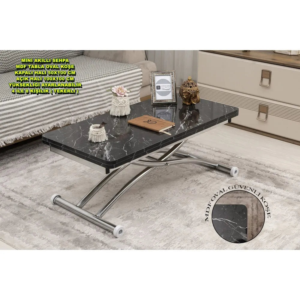 Mini Juppo Dışa K Akıllı Sehpa Üst Tabla Mdf Siyah Mermer Desen Oval Köşe Alt Krom Kaplama