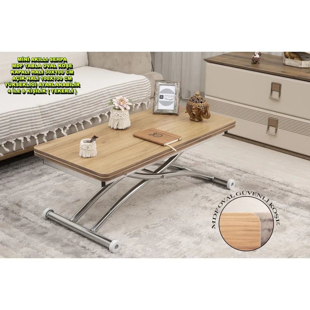 Mini Juppo Dışa K Akıllı Sehpa Üst Tabla Mdf Katanya Oval Köşe Alt Krom Kaplama