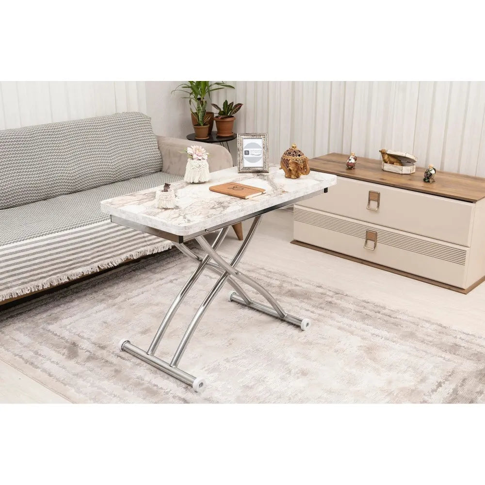 Mini Juppo Dışa K Akıllı Sehpa Üst Tabla Mdf Beyaz Mermer Oval Köşe Alt Krom Kaplama