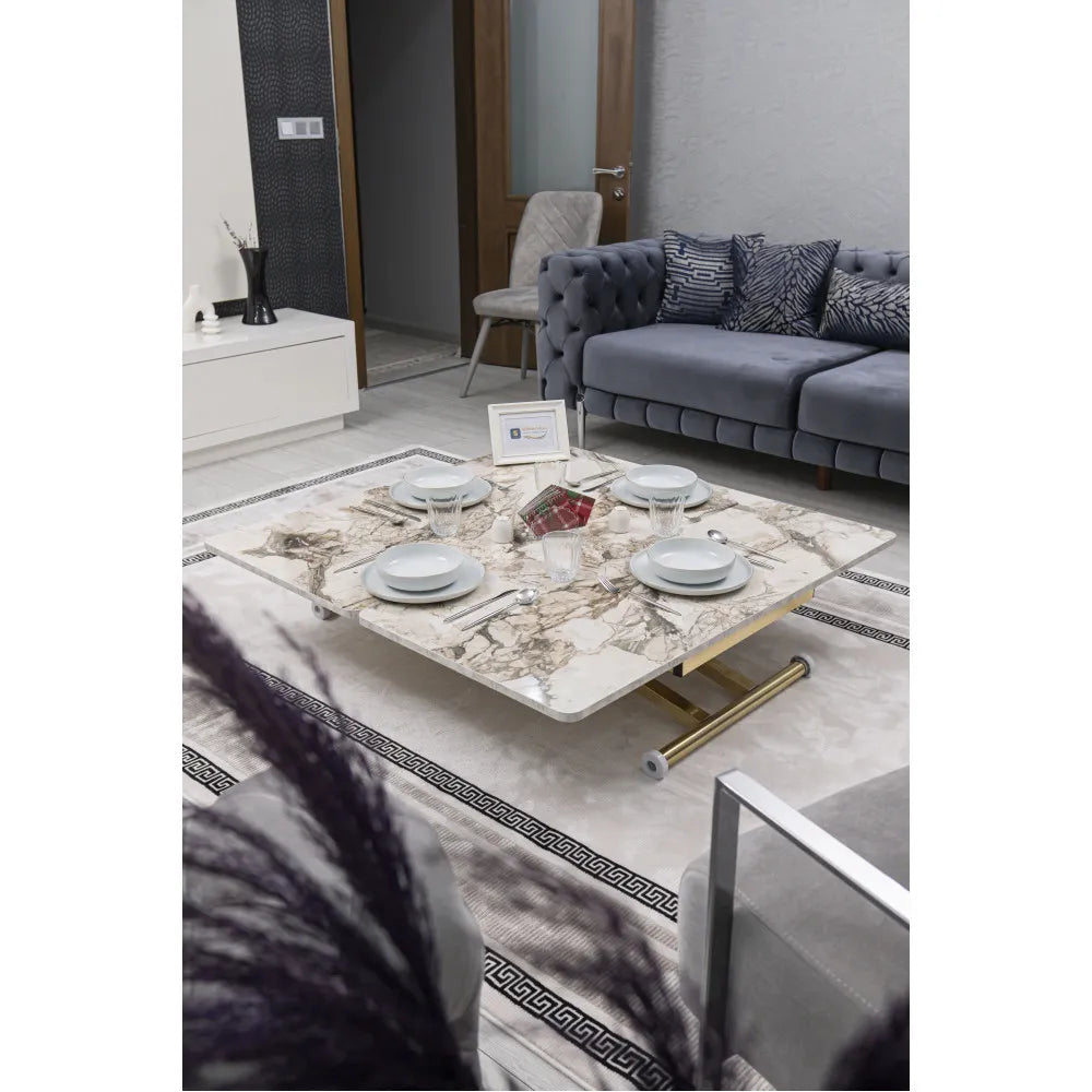 Home Üst Tabla Mdf Beyaz Mermer Oval Köşe Alt Ayak Gold Kaplama