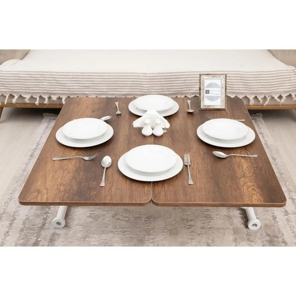 Mini Juppo Dışa K Akıllı Sehpa Üst Tabla Mdf Barok Koyu Ceviz Oval Köşe Alt Ayak Beyaz Renk