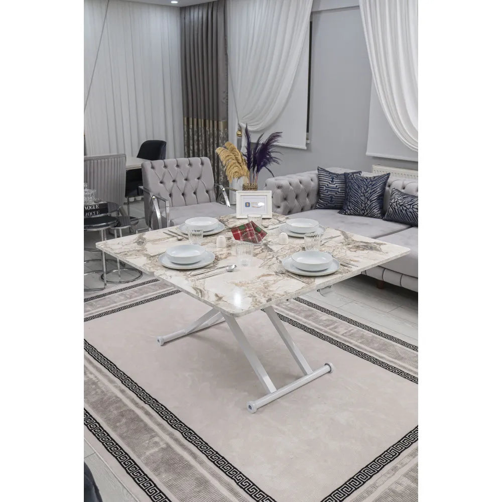 Home Üst Tabla Mdf Beyaz Mermer Oval Köşe Alt Ayak Beyaz Renk