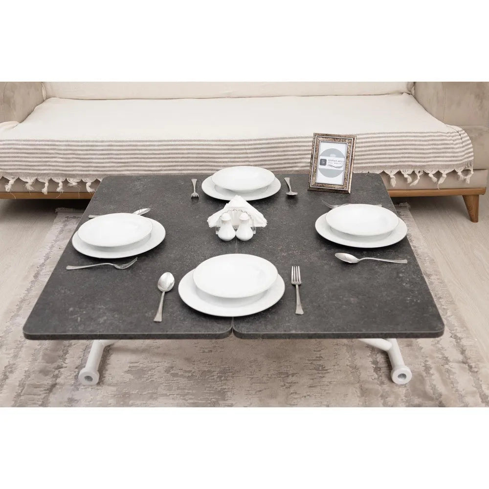 Mini Juppo Dışa K Akıllı Sehpa Üst Tabla Mdf Frezeli Antrasit  Oval Köşe Alt Beyaz Renk