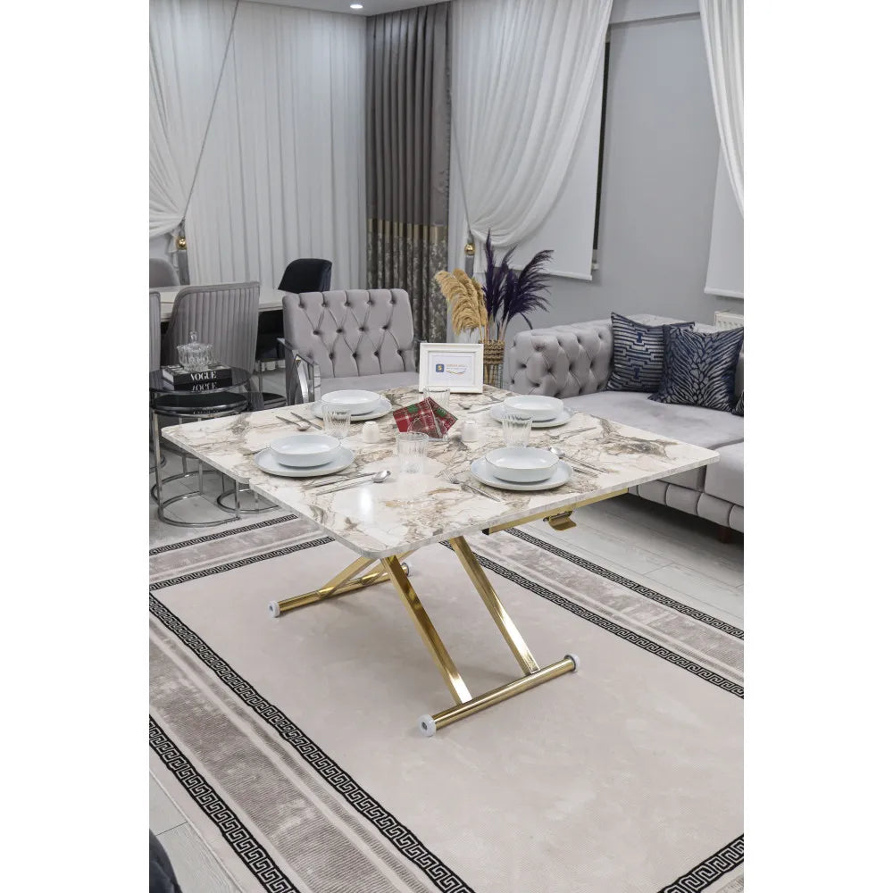 Home Üst Tabla Mdf Beyaz Mermer Oval Köşe Alt Ayak Gold Kaplama