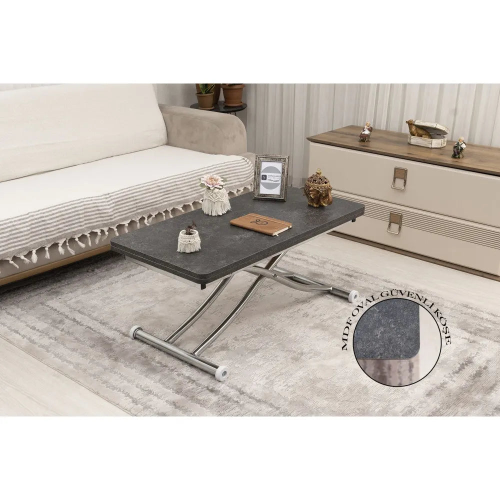 Mini Juppo İçe K Akıllı Sehpa Üst Tabla Mdf Frezeli Antrasit Oval Köşe Alt Krom Kaplama