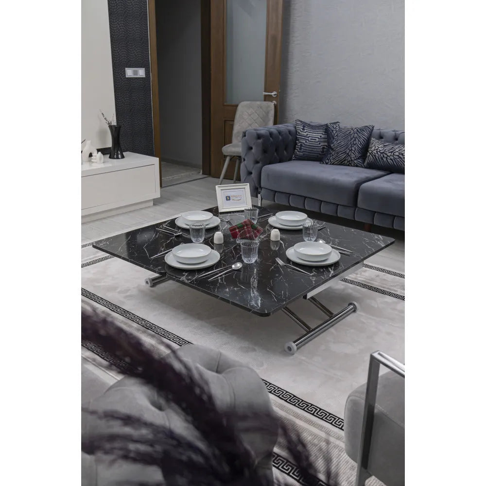 Juppo Üst Tabla Mdf Siyah Mermer Oval Köşe Alt Ayak Yuvarlak Krom Kaplama Dışa Kıvrım