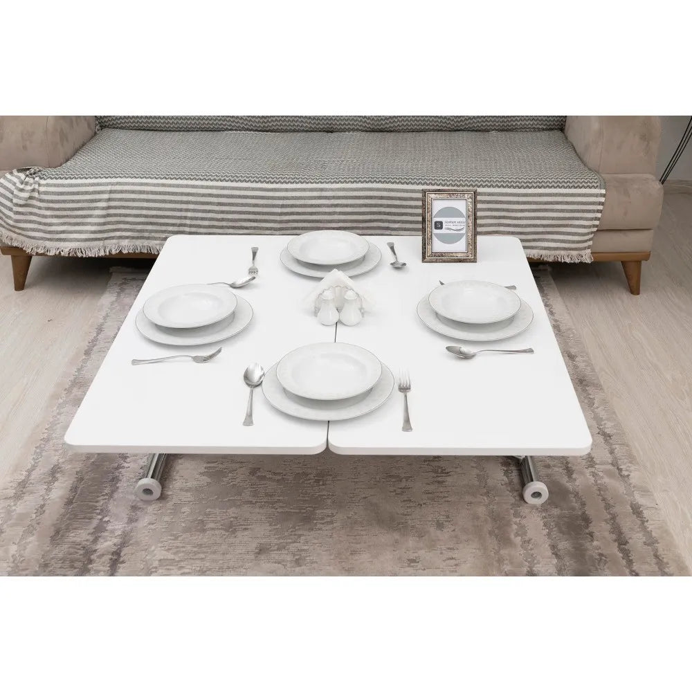 Mini Juppo Dışa K Akıllı Sehpa Üst Tabla Mdf Beyaz Oval Köşe Alt Krom Kaplama