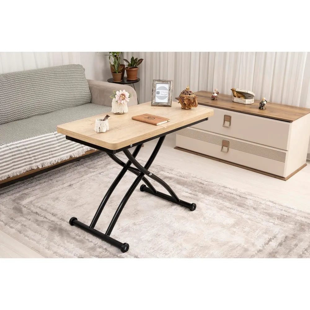 Mini Juppo Dışa K Akıllı Sehpa Üst Tabla Mdf VeliMeşe Oval Köşe Alt Ayak Siyah Renk