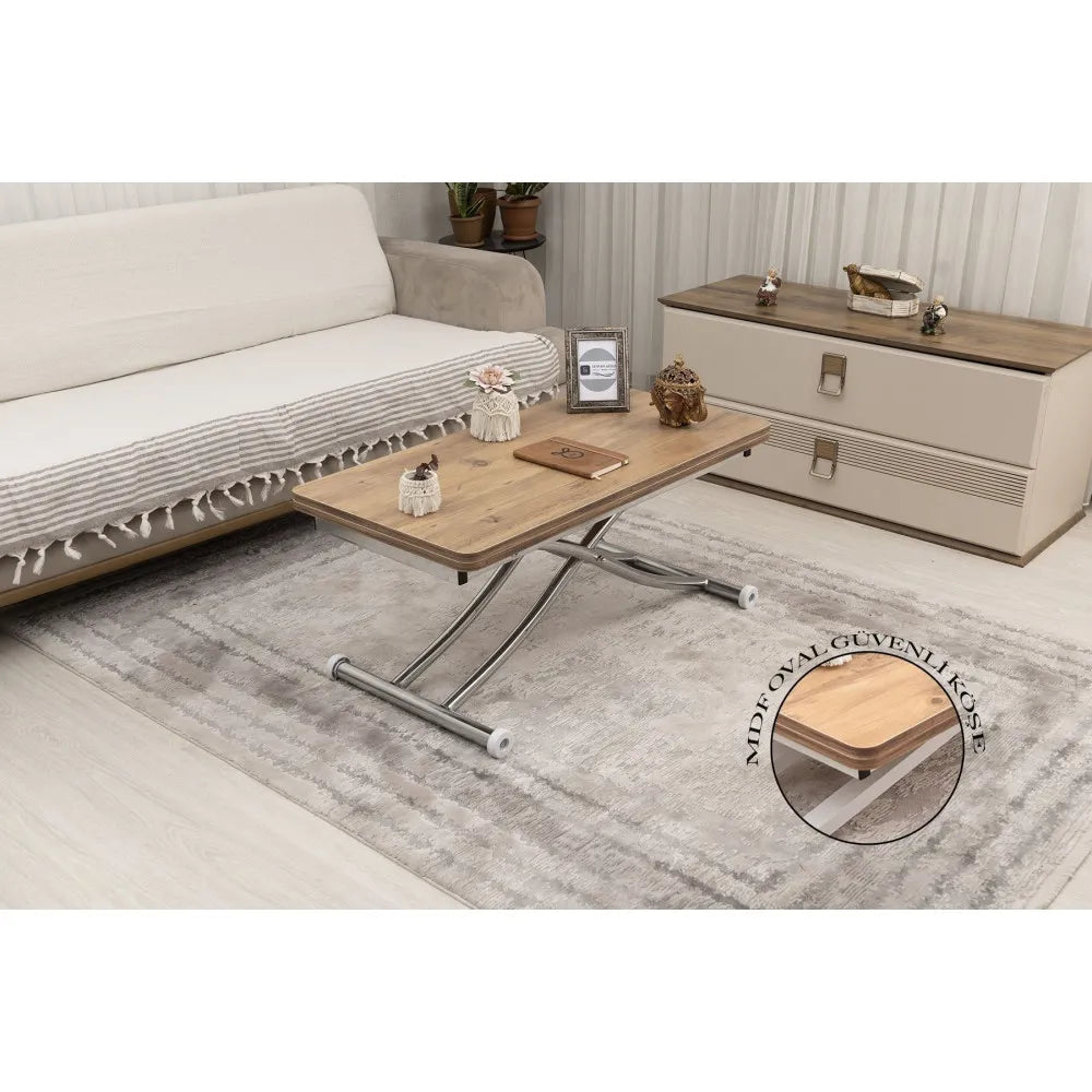 Mini Juppo İçe K Akıllı Sehpa Üst Tabla Mdf EfesÇam Oval Köşe Alt Krom Kaplama