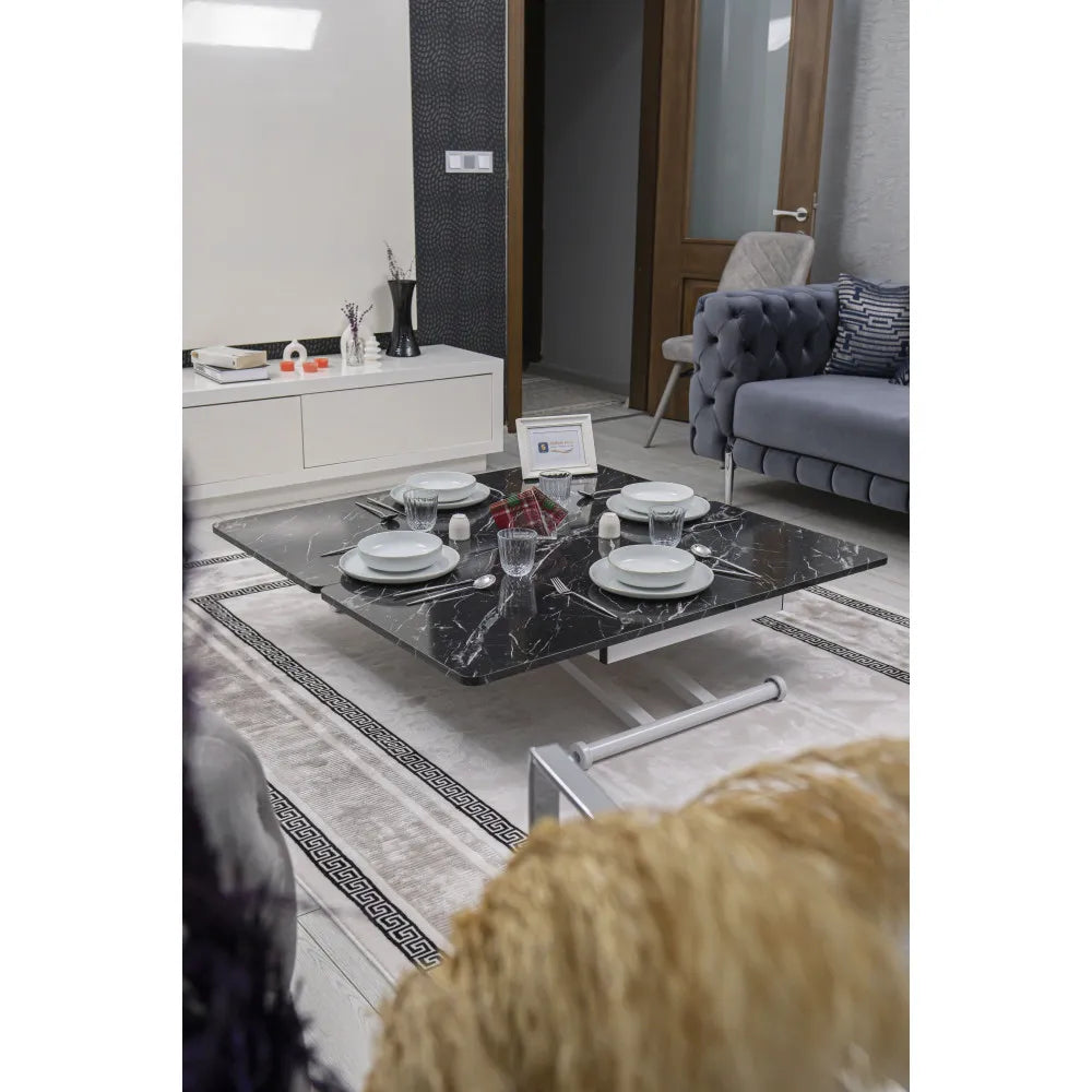 Home Üst Tabla Mdf Siyah Mermer Oval Köşe Alt Ayak Beyaz Renk