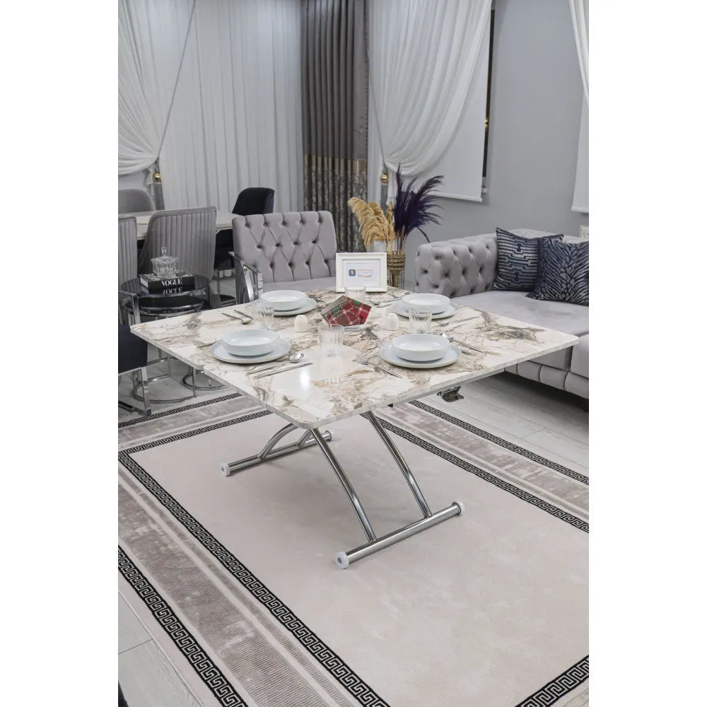 Juppo Üst Tabla Mdf Beyaz Mermer Oval Köşe Alt Ayak Yuvarlak Krom Kaplama Dışa Kıvrım