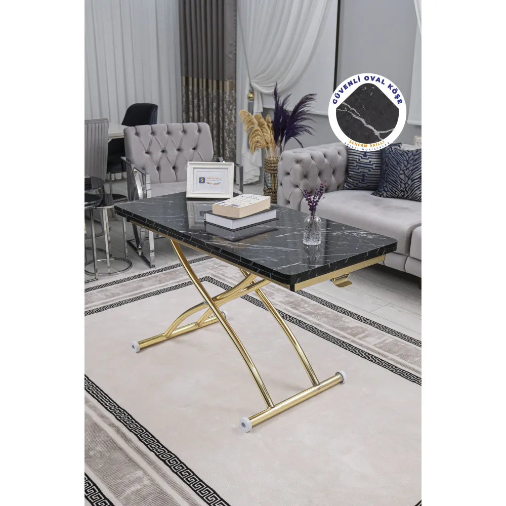 Juppo Üst Tabla Mdf Siyah Mermer Oval Köşe Alt Ayak Yuvarlak Gold Kaplama Dışa Kıvrım