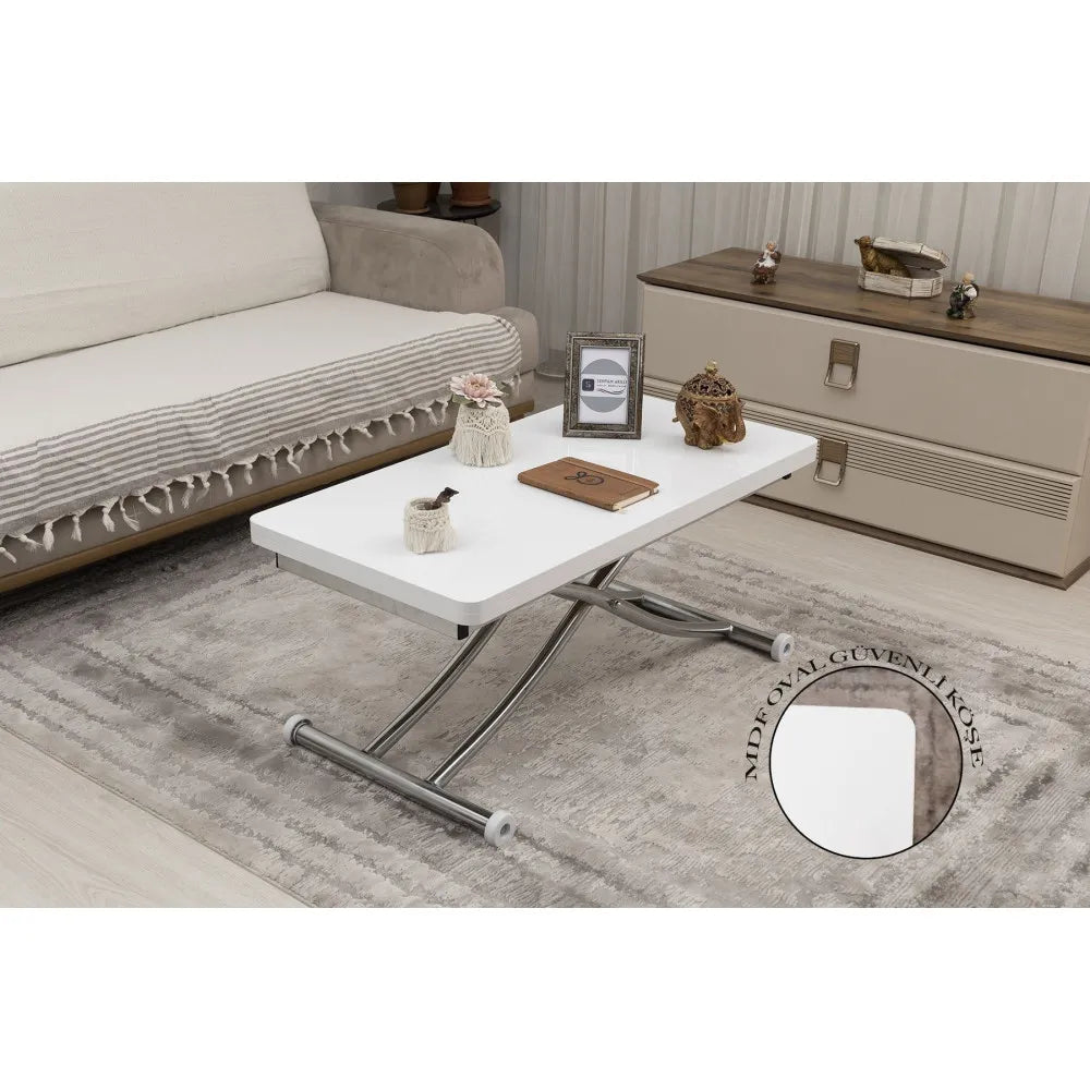 Mini Juppo İçe K Akıllı Sehpa Üst Tabla Mdf Beyaz Oval Köşe Alt Krom Kaplama