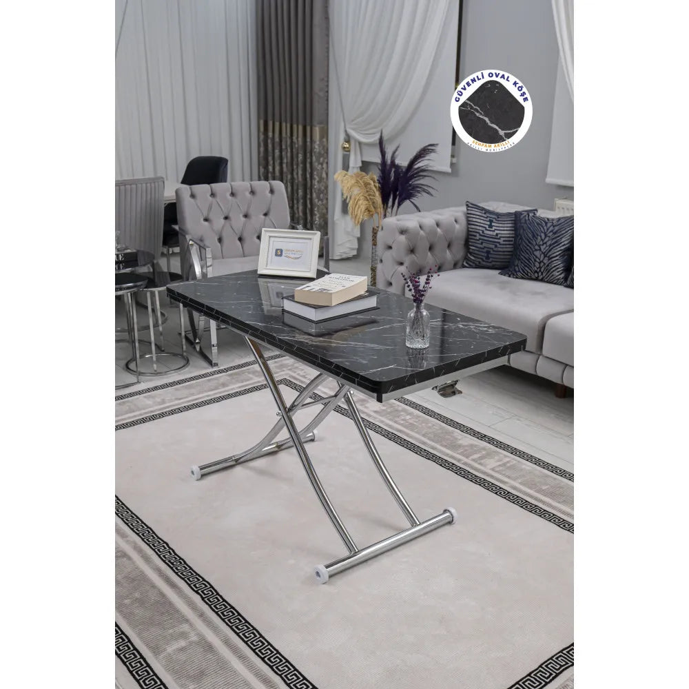 Juppo Üst Tabla Mdf Siyah Mermer Oval Köşe Alt Ayak Yuvarlak Krom Kaplama İçe Kıvrım