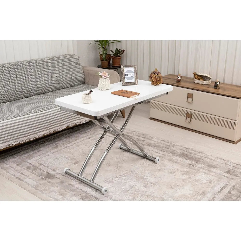 Mini Juppo Dışa K Akıllı Sehpa Üst Tabla Mdf Beyaz Oval Köşe Alt Krom Kaplama