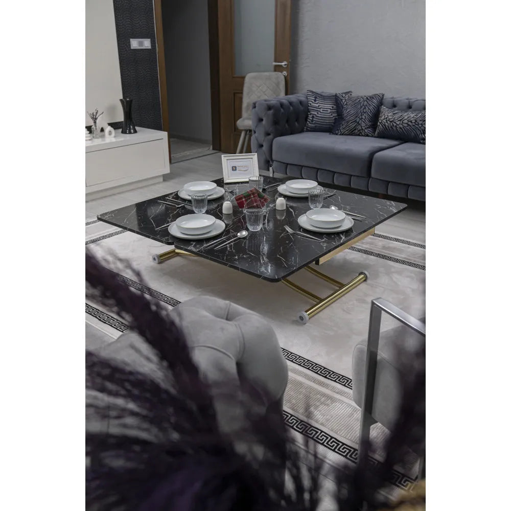 Juppo Üst Tabla Mdf Siyah Mermer Oval Köşe Alt Ayak Yuvarlak Gold Kaplama İçe Kıvrım