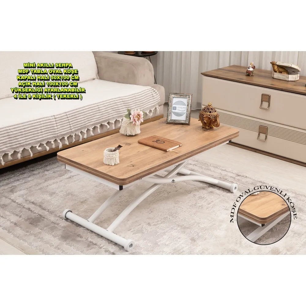 Mini Juppo Dışa K Akıllı Sehpa Üst Tabla Mdf Efesçam Oval Köşe Alt Beyaz Renk