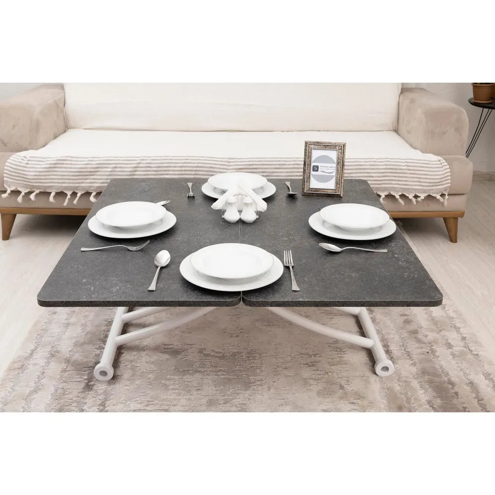 Mini Juppo İçe K Akıllı Sehpa Üst Tabla Mdf Frezeli Antrasit Oval Köşe Alt Beyaz Renk