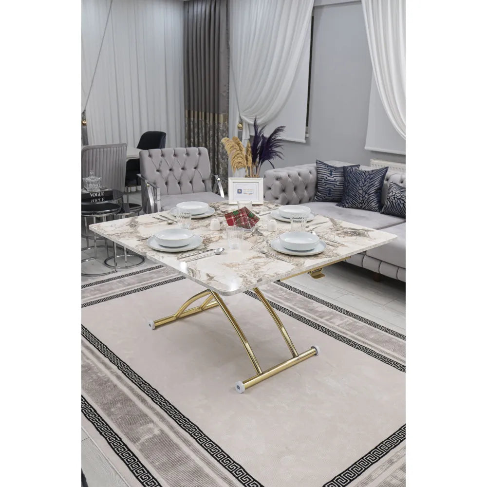 Juppo Üst Tabla Mdf Beyaz Mermer Oval Köşe Alt Ayak Yuvarlak Gold Kaplama Dışa Kıvrım