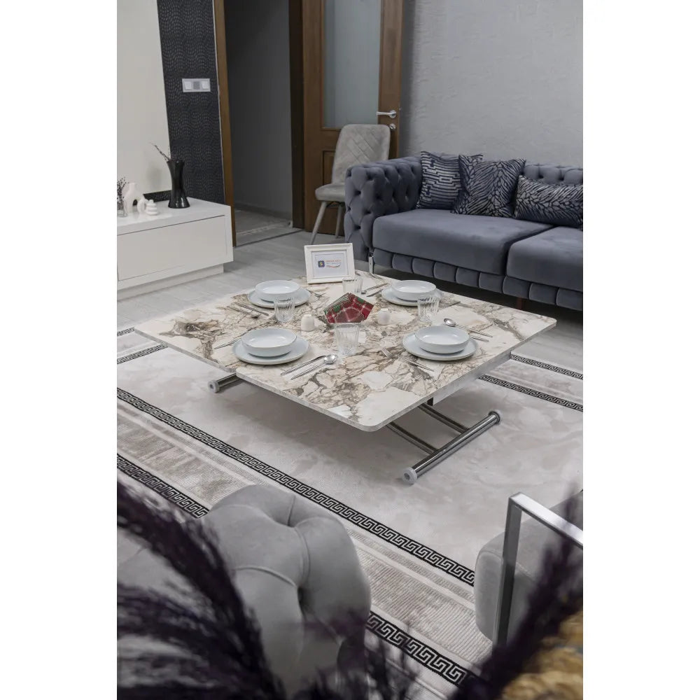 Juppo Üst Tabla Mdf Beyaz Mermer Oval Köşe Alt Ayak Yuvarlak Krom Kaplama İçe Kıvrım