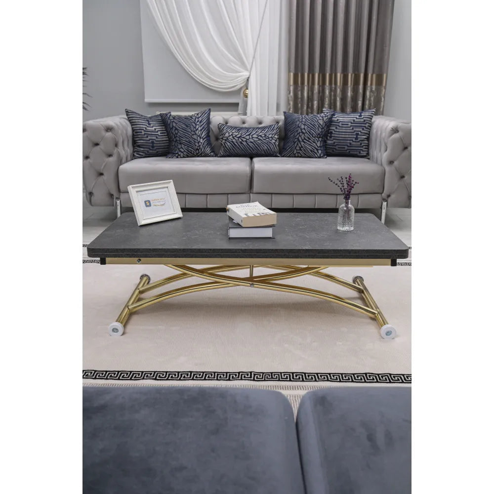 Juppo Üst Tabla Mdf Frezeli Antrasit Oval Köşe Alt Ayak Yuvarlak Gold Kaplama Dışa Kıvrım