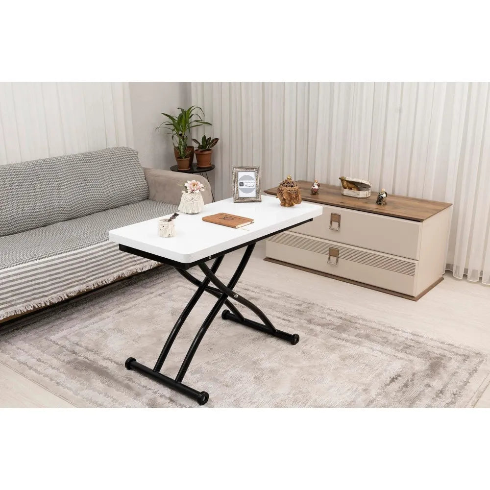 Mini Juppo Dışa K Akıllı Sehpa Üst Tabla Mdf Beyaz Oval Köşe Alt Siyah Renk