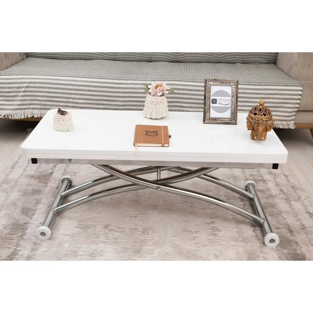 Mini Juppo Dışa K Akıllı Sehpa Üst Tabla Mdf Beyaz Oval Köşe Alt Krom Kaplama