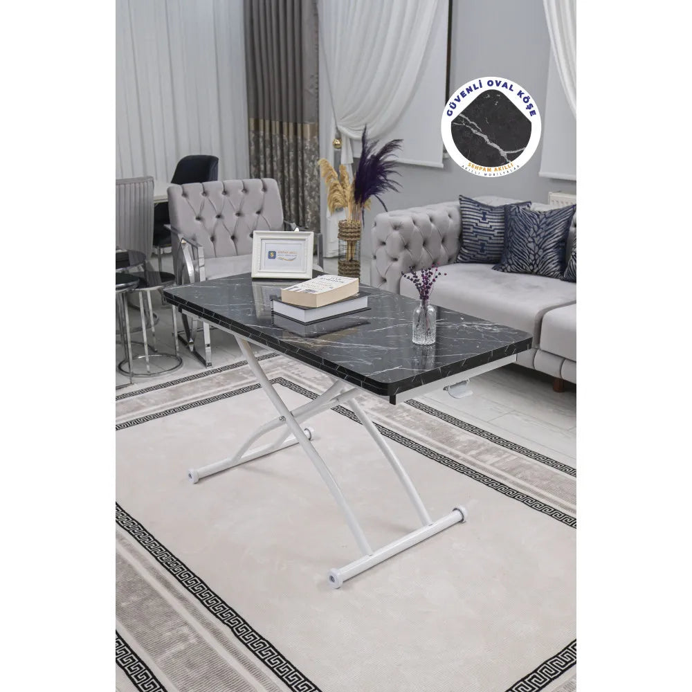 Juppo Üst Tabla Mdf Siyah Mermer Oval Köşe Alt Ayak Yuvarlak Beyaz Dışa Kıvrım